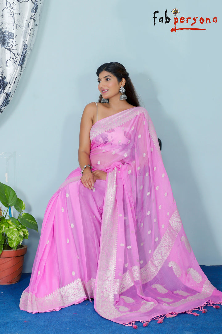 Pure Hand loom  Khaddi Chiffon Georgette Saree with Silver Zari Weaving blouse  ( length- 6.3 meter )