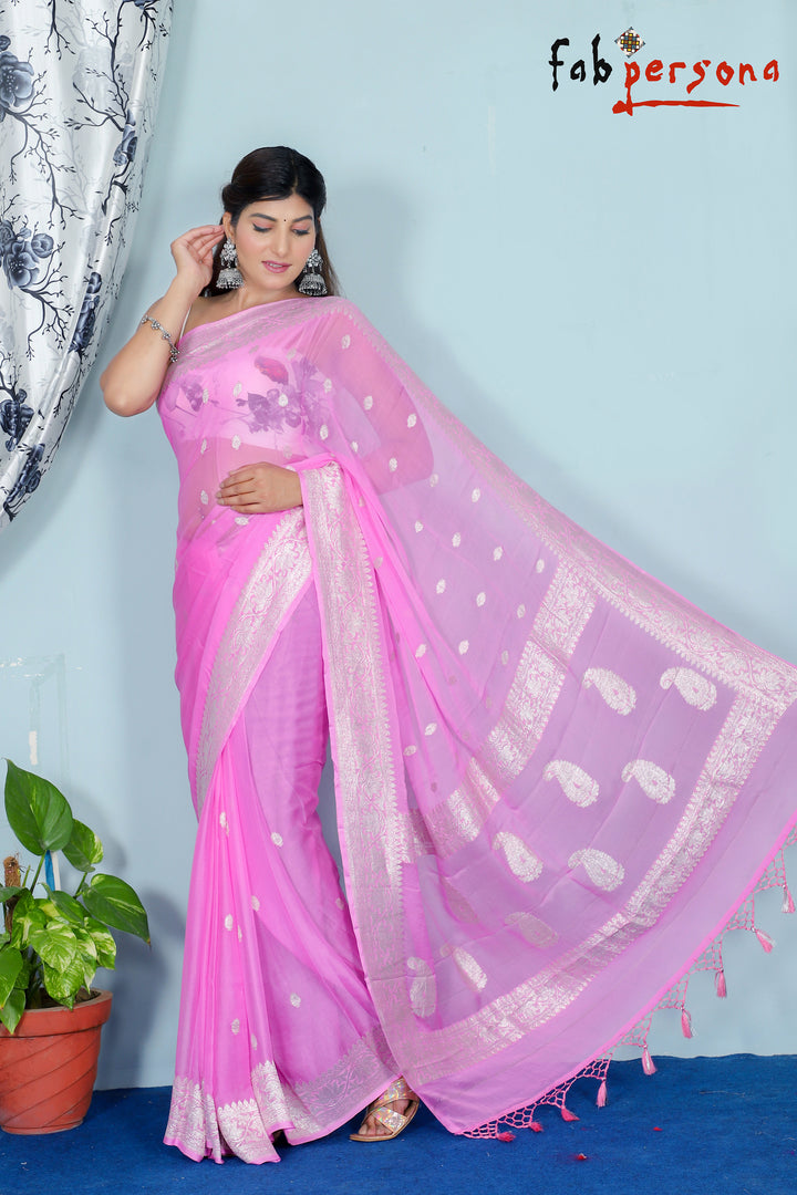 Pure Hand loom  Khaddi Chiffon Georgette Saree with Silver Zari Weaving blouse  ( length- 6.3 meter )