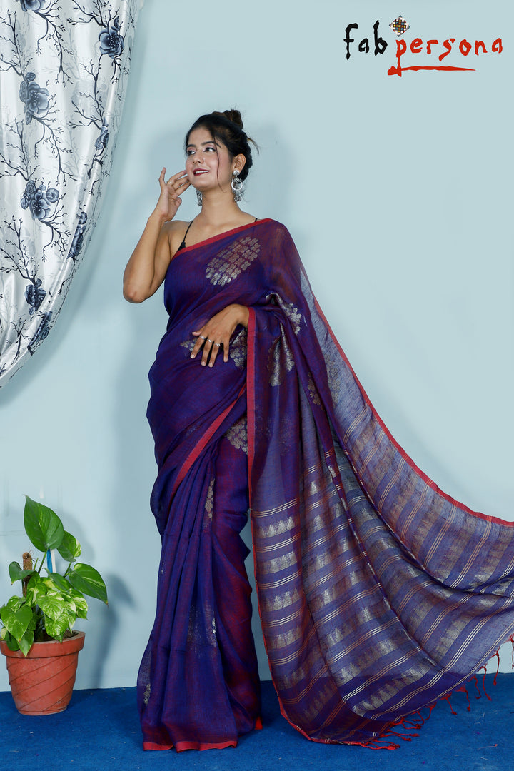 Jamdani Linen By Linen Yarn made saree With Hand weaving