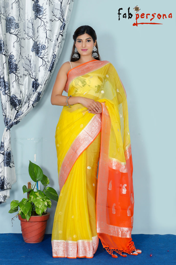 Pure Hand loom  Khaddi Georgette chiffon Saree with Silver Zari Weaving blouse  ( length- 6.3 meter )