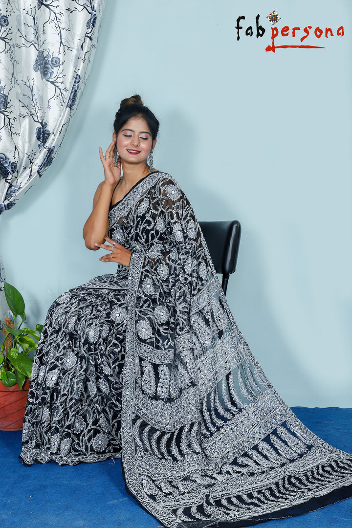 Chiffon Georgette All Over Jaal Chikankari Saree With Heavy Hand Work Embroidery