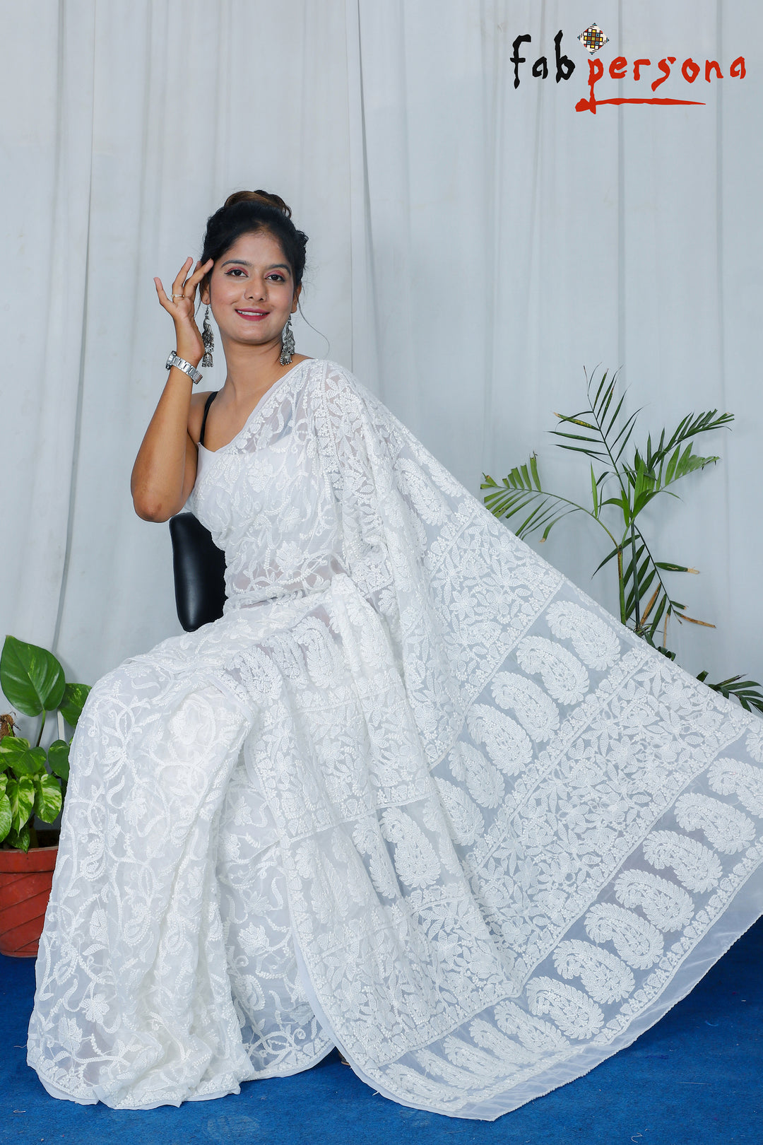 Chiffon Georgette All Over Chikankari Saree With Heavy Hand Work Embroidery