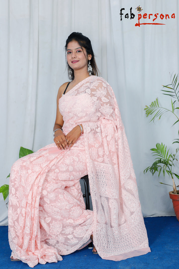 Pure Chiffon Georgette Chikankari Allover Hand Embroidery Saree with Blouse.