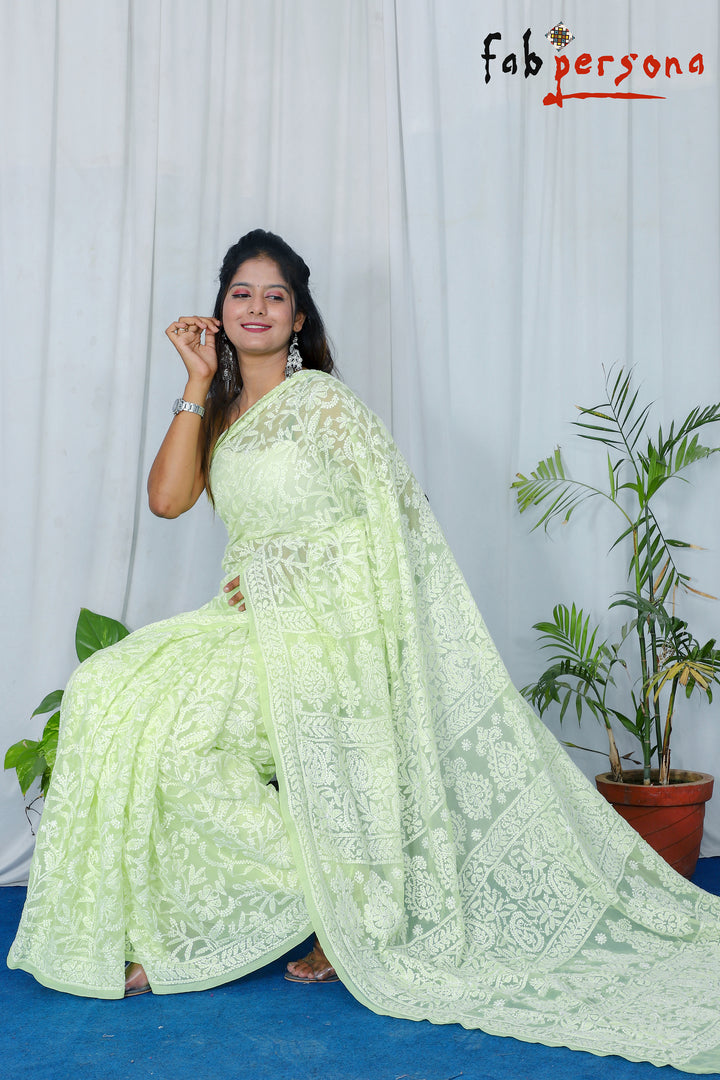 Pure Georgette Chikankari All Over Jaal Work Saree.