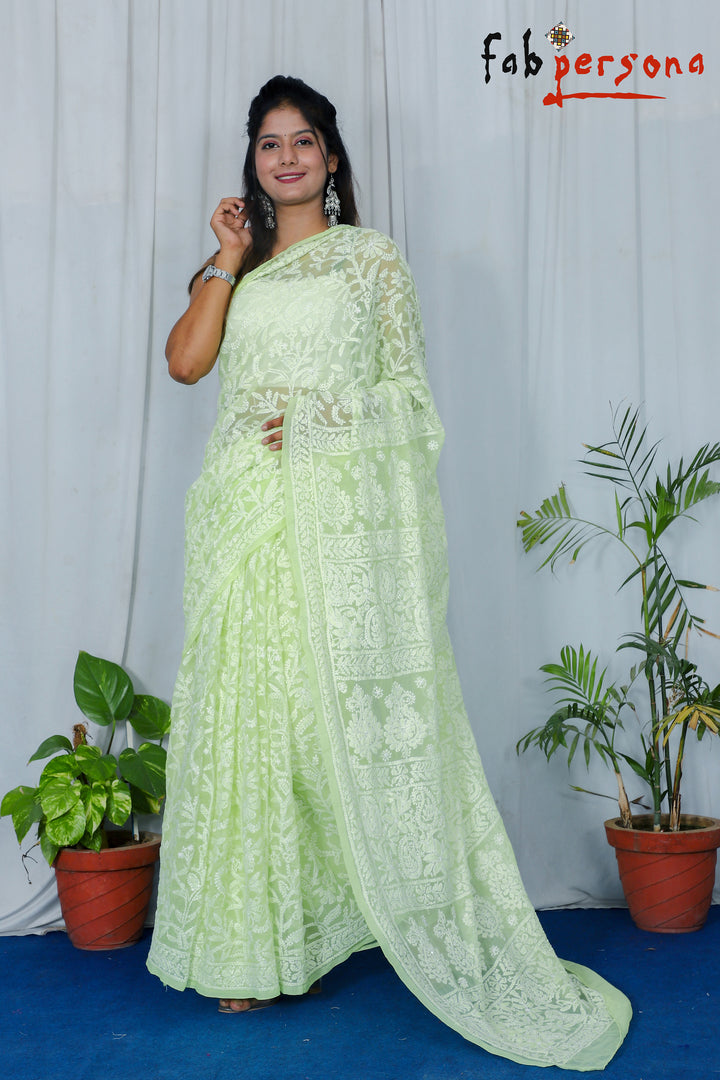 Pure Georgette Chikankari All Over Jaal Work Saree.