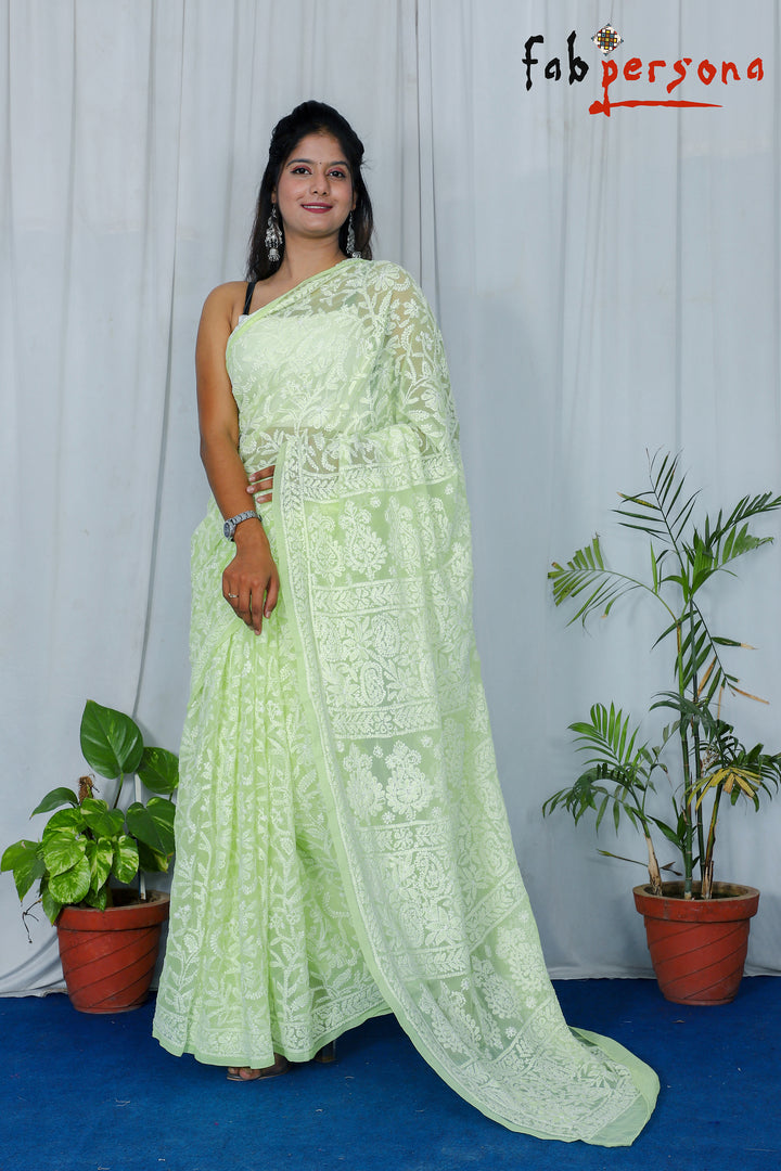 Pure Georgette Chikankari All Over Jaal Work Saree.