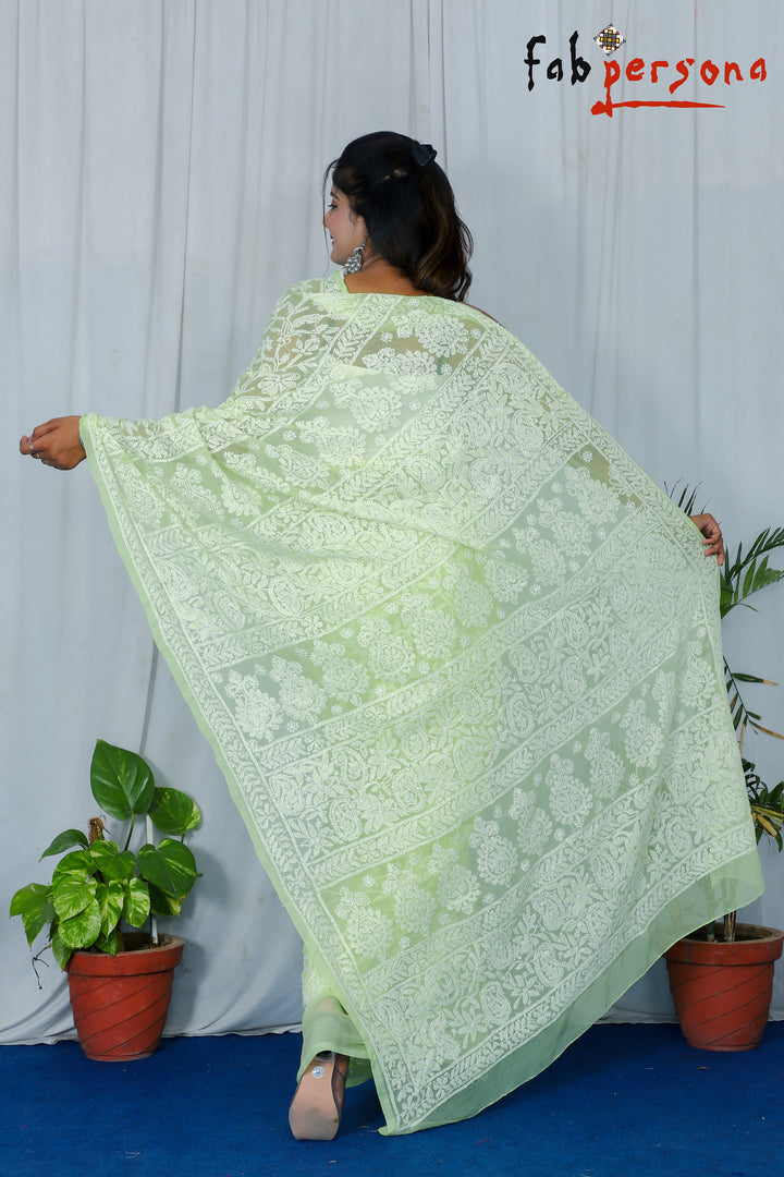 Pure Georgette Chikankari All Over Jaal Work Saree.