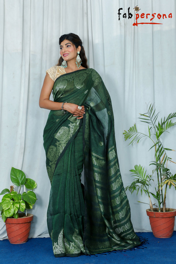 Jamdani Linen By Linen Yarn Made Saree With Hand weaving