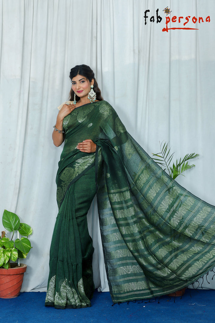 Jamdani Linen By Linen Yarn Made Saree With Hand weaving