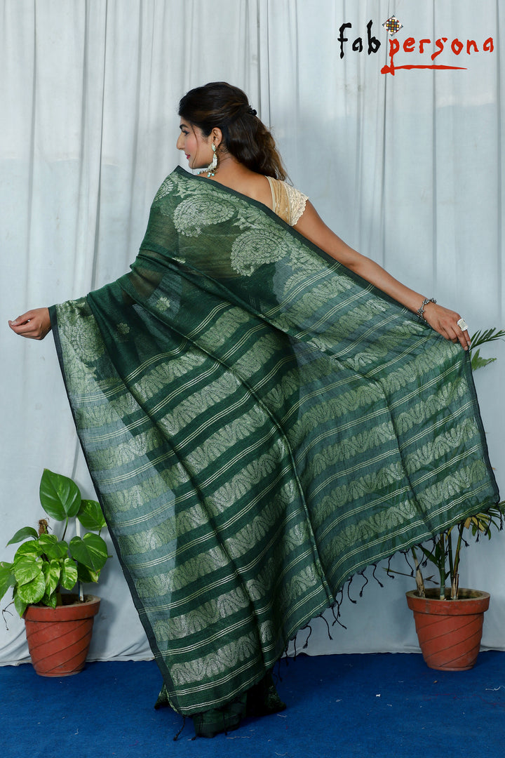 Jamdani Linen By Linen Yarn Made Saree With Hand weaving