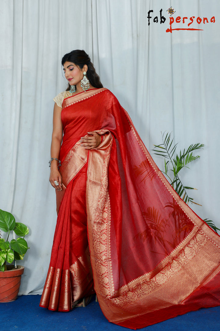 Pure Banarasi Linen Silk Border Saree with contrast Blouse ( length- 6.3 meter )