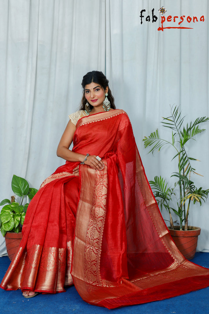 Pure Banarasi Linen Silk Border Saree with contrast Blouse ( length- 6.3 meter )