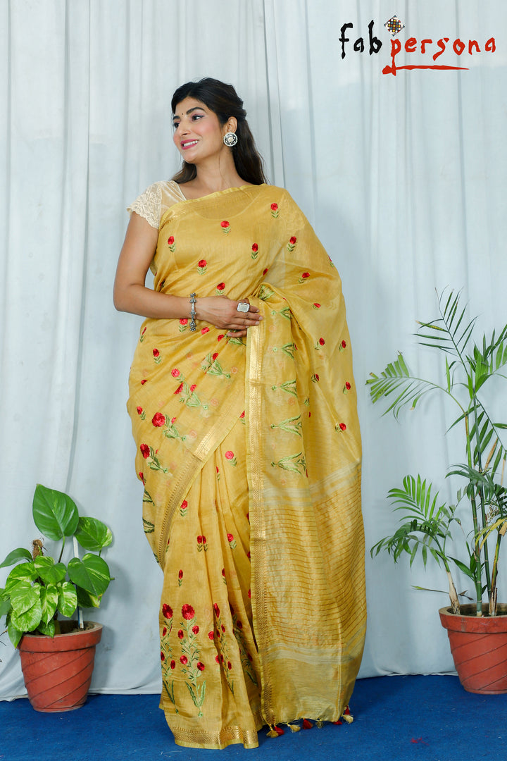 Kota Linen Silk Saree with Zari Dovi Weaving ( length-6.5 meter) with running blouse