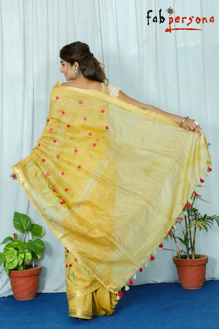 Kota Linen Silk Saree with Zari Dovi Weaving ( length-6.5 meter) with running blouse