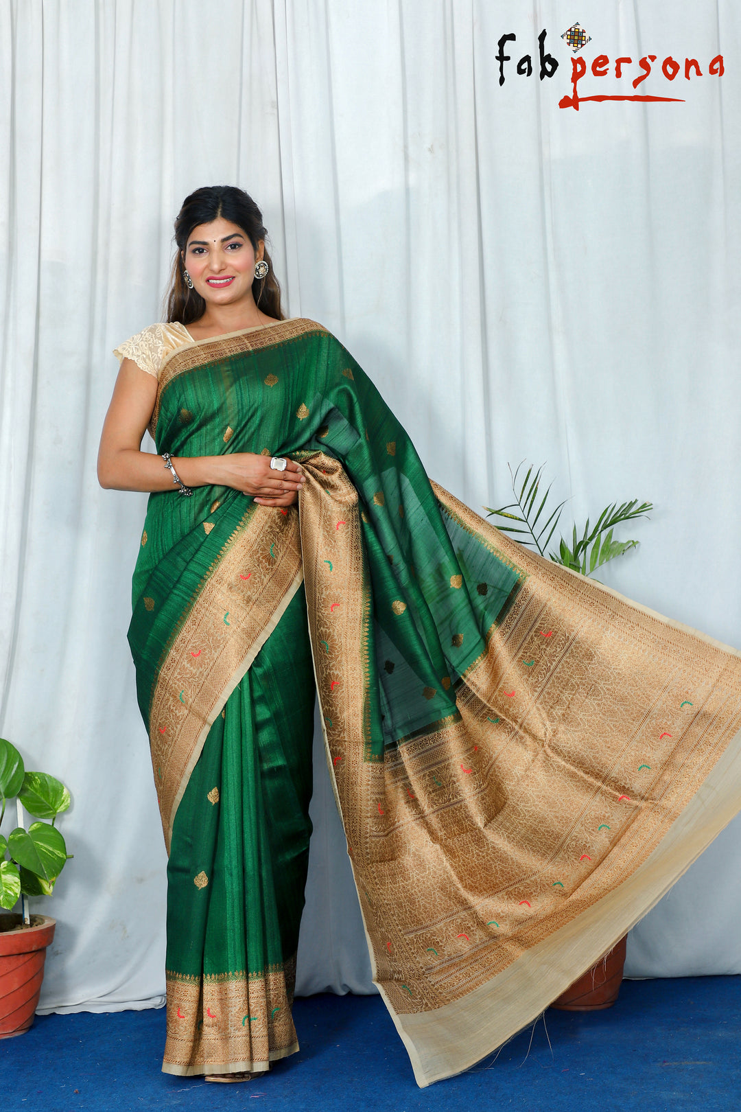 Green Color Pure Tussar Silk Saree With Antique Zari Work ( Silk Mark Certified)