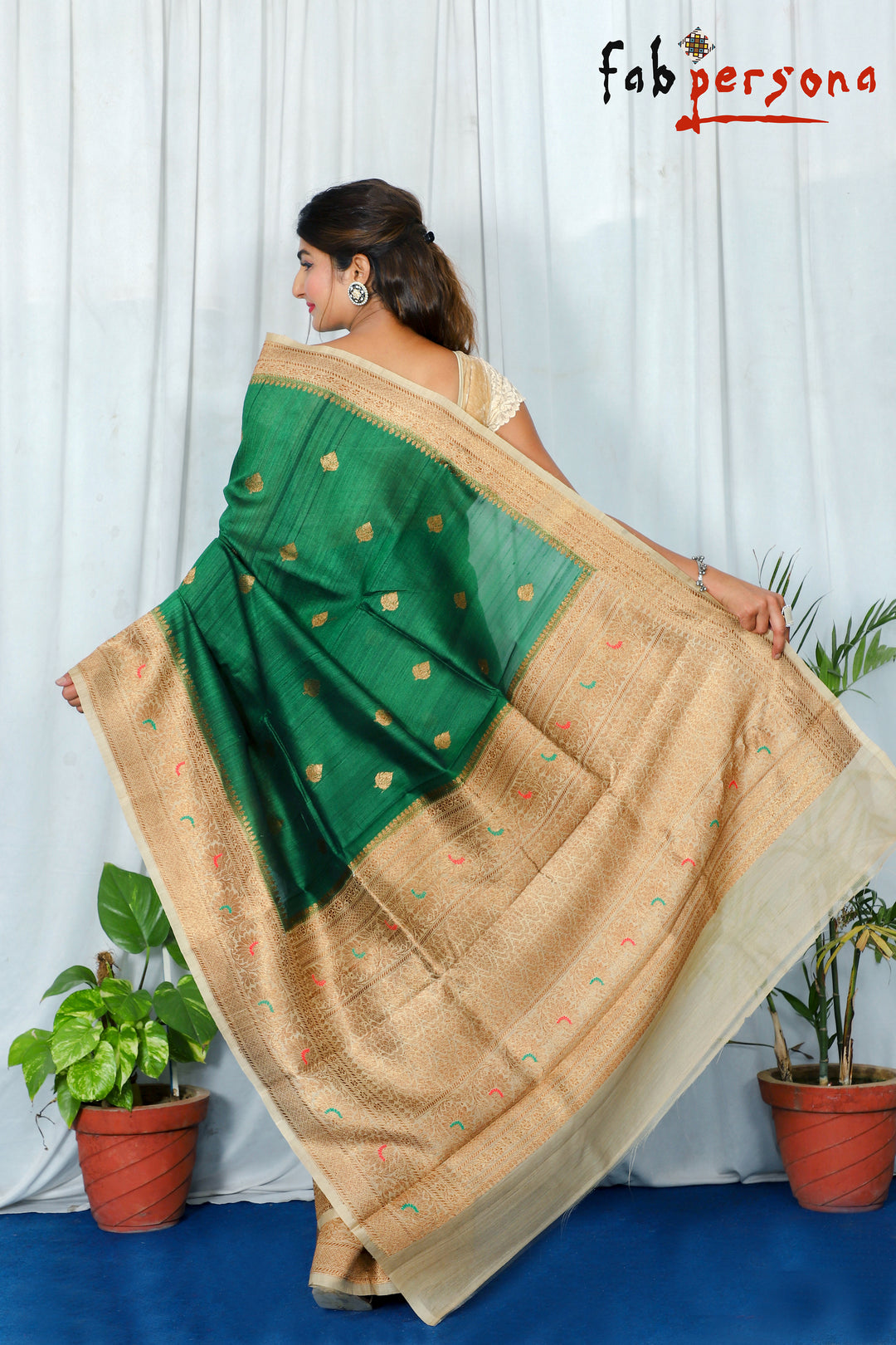 Green Color Pure Tussar Silk Saree With Antique Zari Work ( Silk Mark Certified)