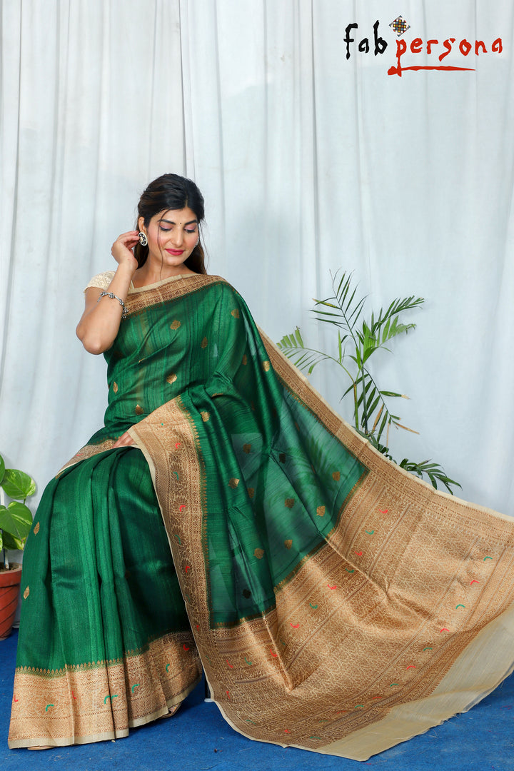 Green Color Pure Tussar Silk Saree With Antique Zari Work ( Silk Mark Certified)