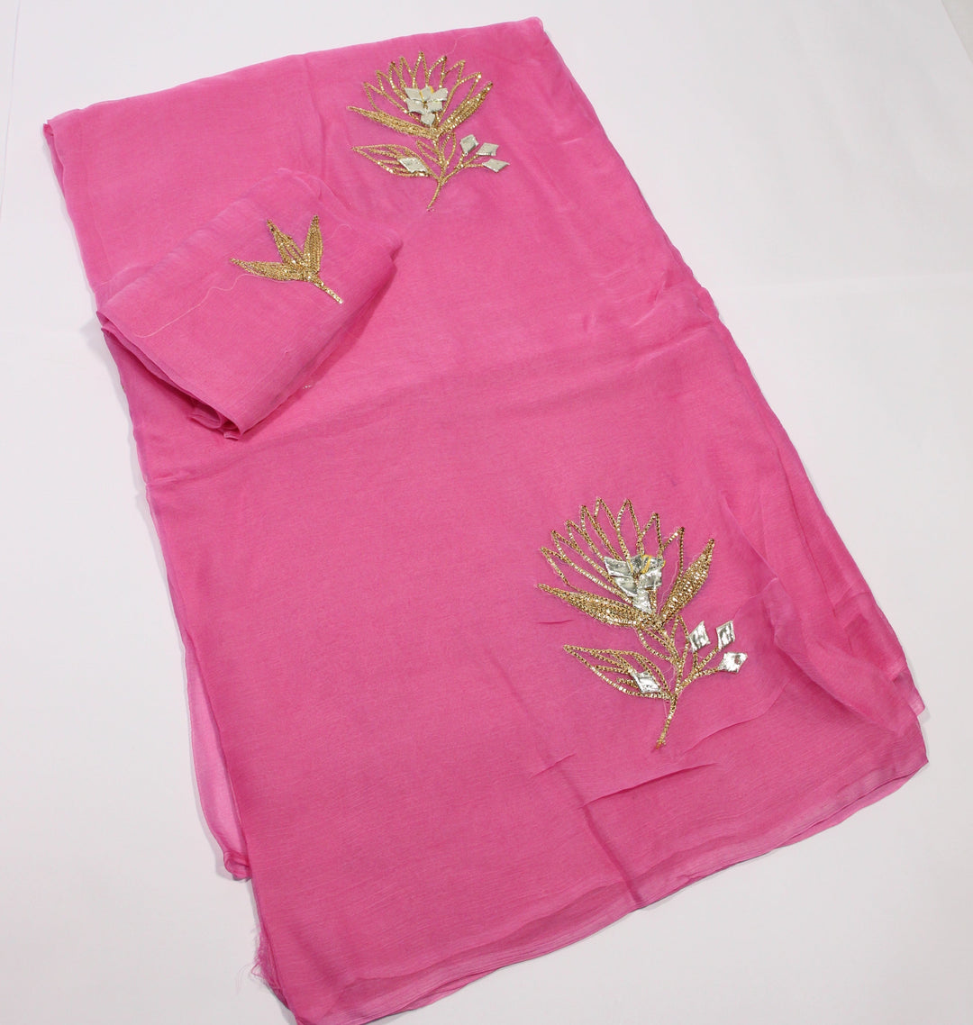 Pure Chiffon Saree With Gota-Patti Work With Contrast Blouse