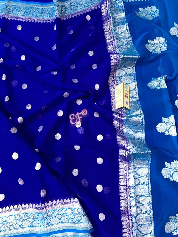 Pure Hand loom  Khaddi Georgette Saree with Silver Zari Weaving blouse  ( length- 6.3 meter )