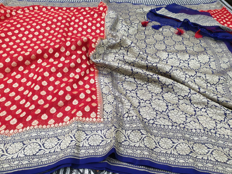 Exclusive Pure Banarasi Khaddi Chiffon Saree with rich pure Gold Zari Buti  With Traditional Banarasi Style Border And Pallu  ( length- 6.3 meter )