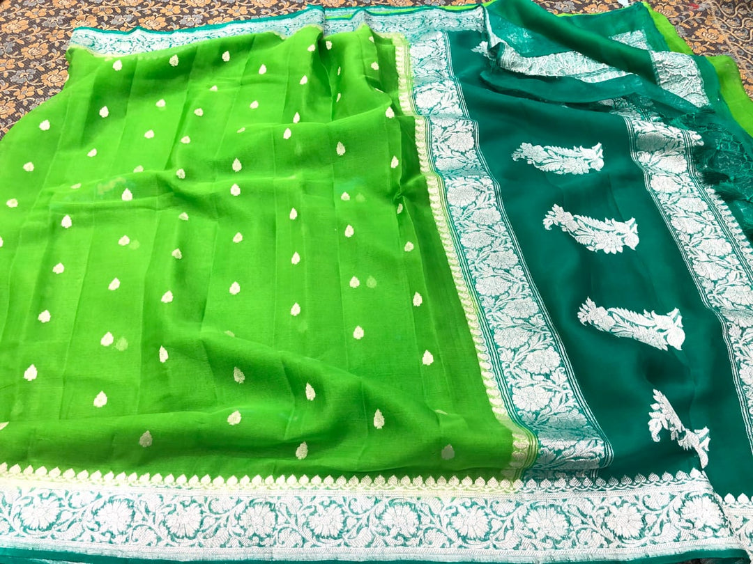 Pure Hand loom  Khaddi Chiffon Georgette Saree with Silver Zari Weaving blouse  ( length- 6.3 meter )