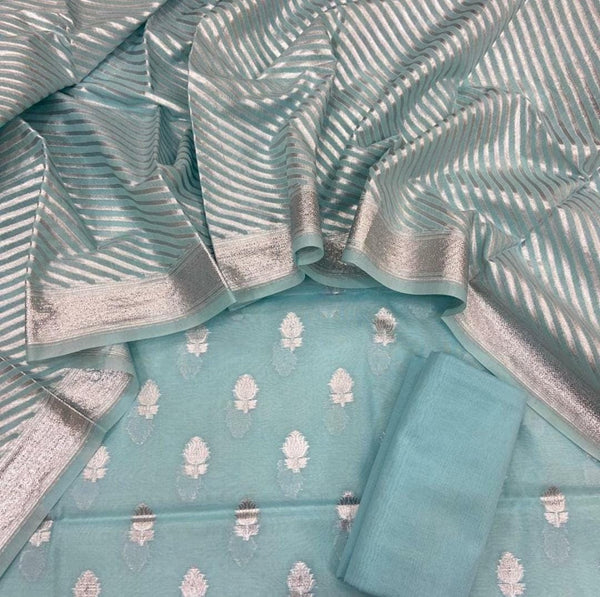Exclusive Banarasi Chanderi Silk Unstitched Suit in turquoise color