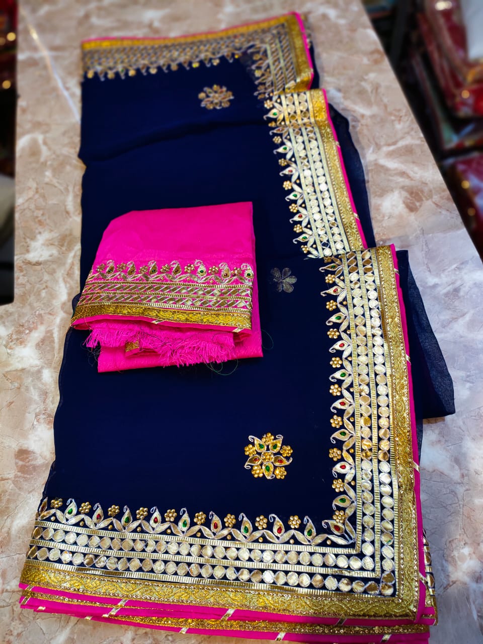 Pure Chinon Fabric Saree , kat dana,/resham & fancy material Handwork/ Contrast Blouse