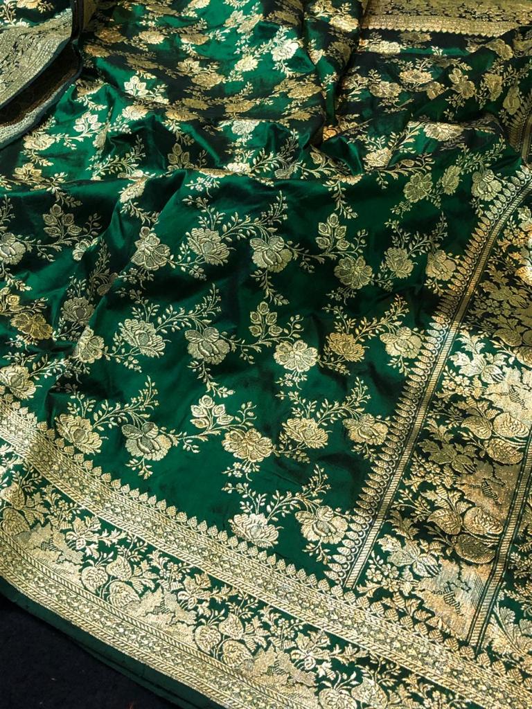Green Color Pure Hand Weaving Traditional Jangla Work Saree In Pure katan silk .