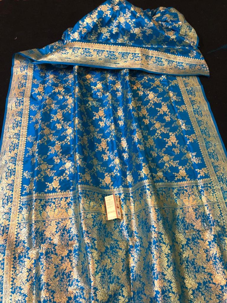 Sky-Blue Color Pure Hand Weaving Traditional Jangla Work Saree In Pure katan silk .