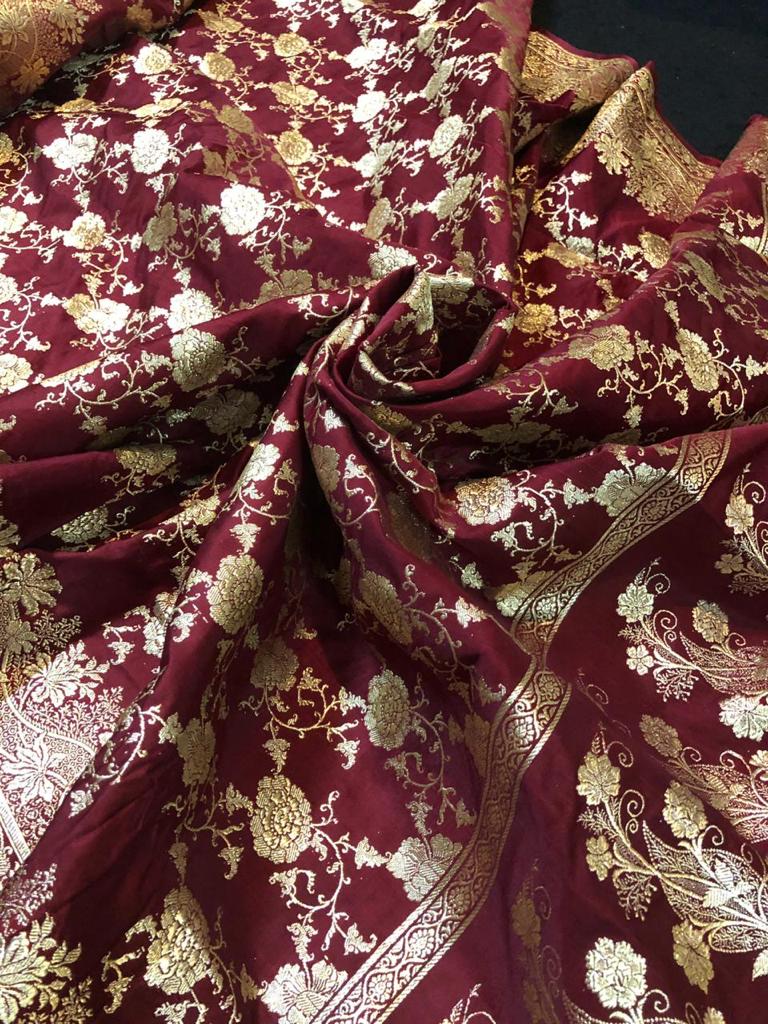 Maron Color Pure Hand Weaving Traditional Jangla Work Saree In Pure katan silk .
