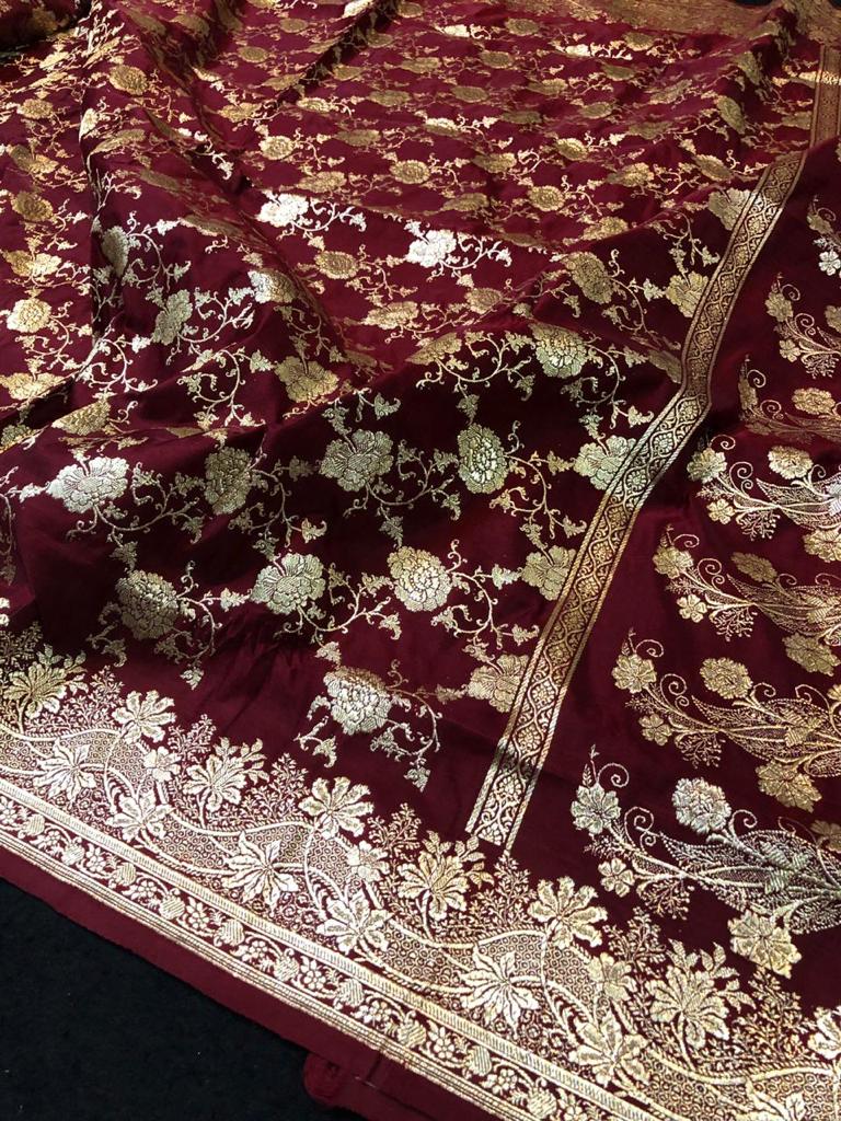 Maron Color Pure Hand Weaving Traditional Jangla Work Saree In Pure katan silk .