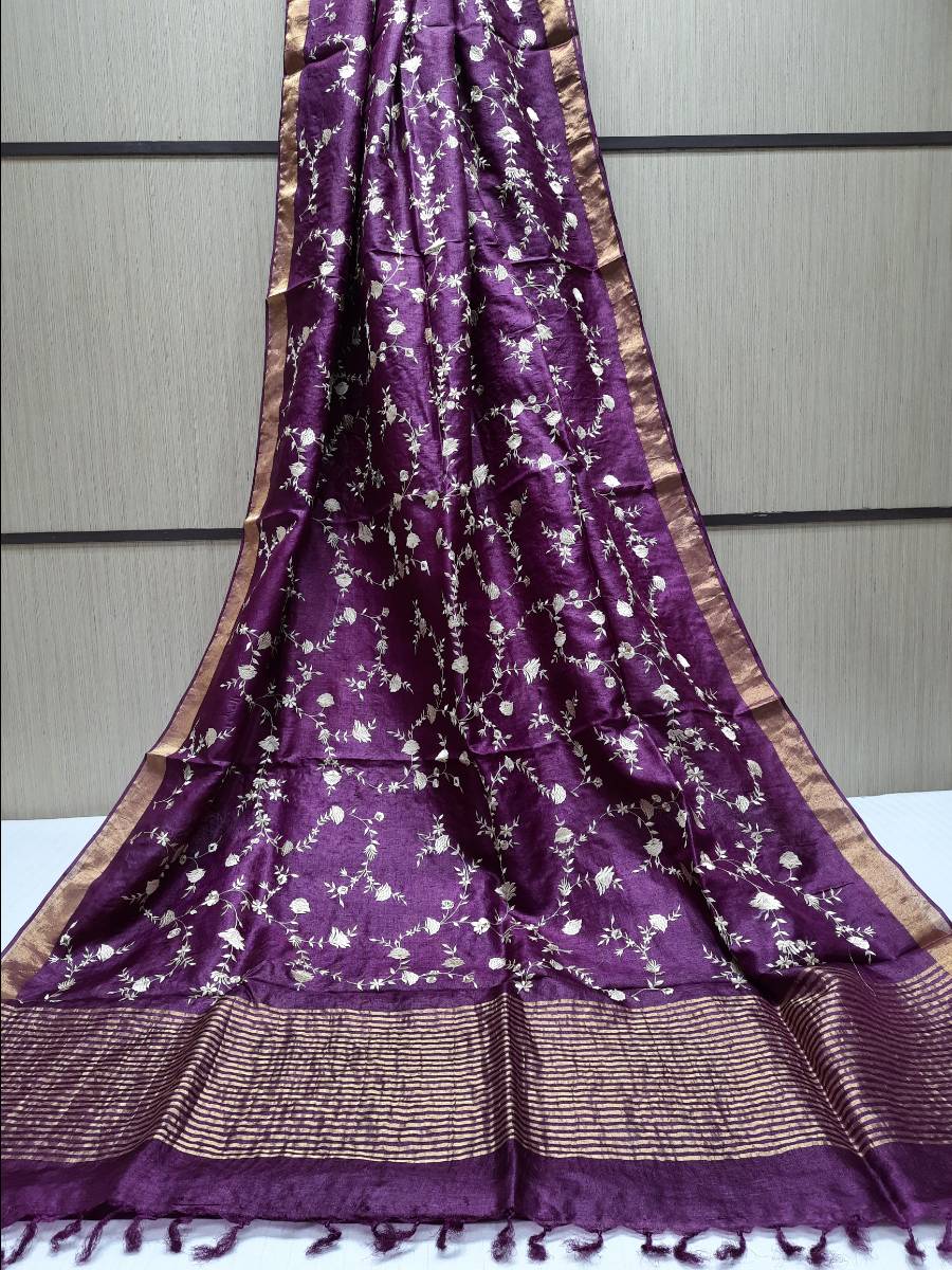 Pure Linen Saree Embroidery Work.( length- 6.3 meter )