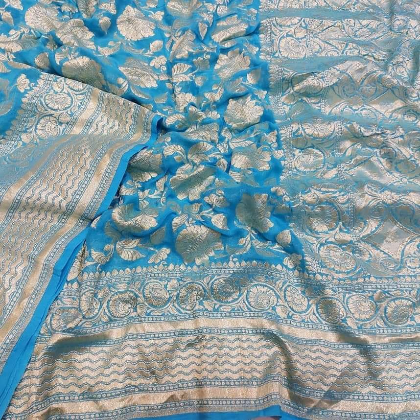 Pure Khaddi Georgette Silk Saree With Antique Zari Work