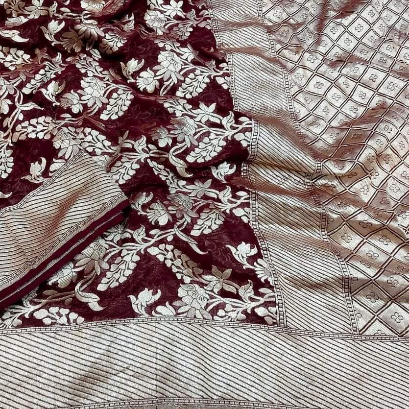 Pure Khaddi Georgette Silk Saree With Antique Zari Work