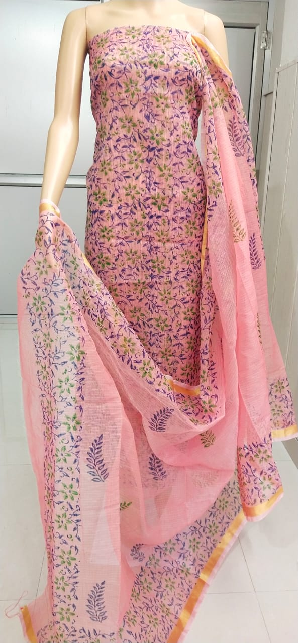 Kota Doriya Hand Block Print unstitched suits With Kota Doriya Dupatta (Without Bottom )