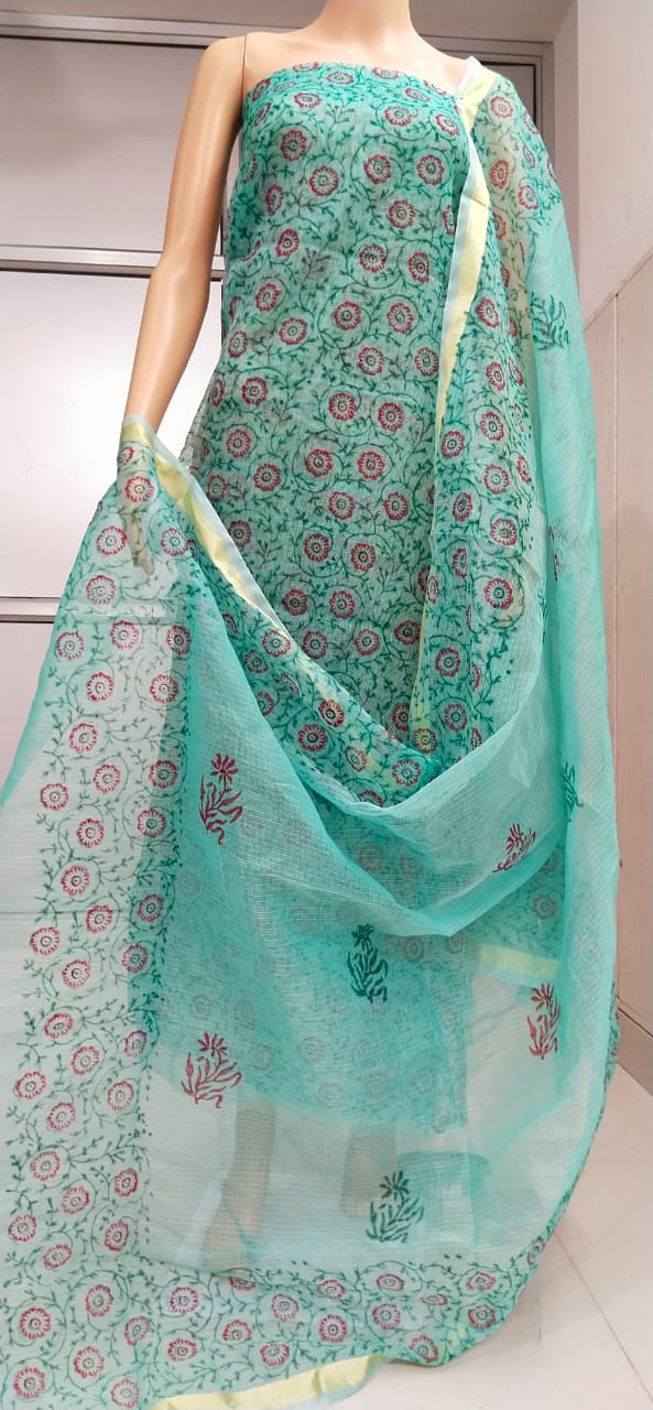 Kota Doriya Hand Block Print unstitched suits With Kota Doriya Dupatta (Without Bottom )