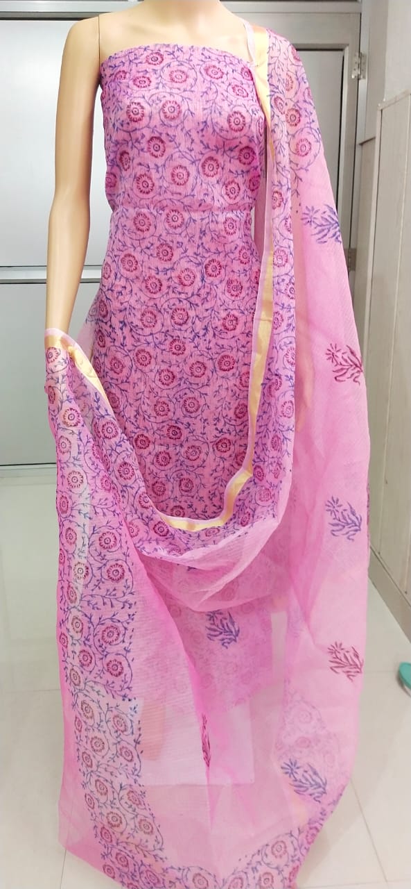 Kota Doriya Hand Block Print unstitched suits With Kota Doriya Dupatta (Without Bottom )