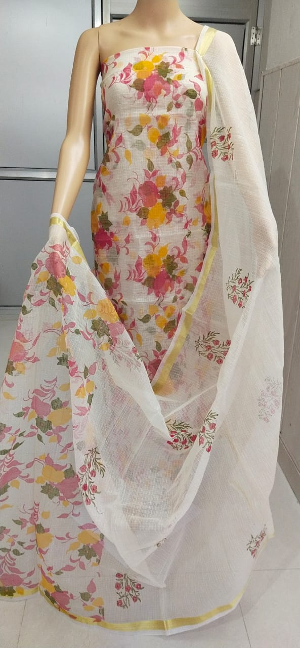 Kota Doriya Hand Block Print unstitched suits With Kota Doriya Dupatta