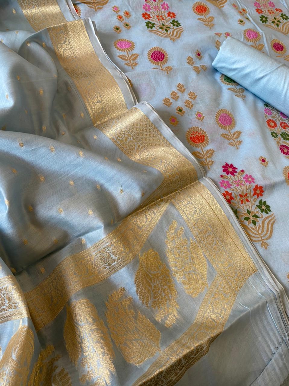 Banarasi Pure Silk Chanderi Meenakari Heavy Unstitched Suit With Zari weaved Dupatta