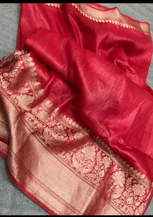Pure Banarasi Linen Silk Border Saree with contrast Blouse ( length- 6.3 meter )