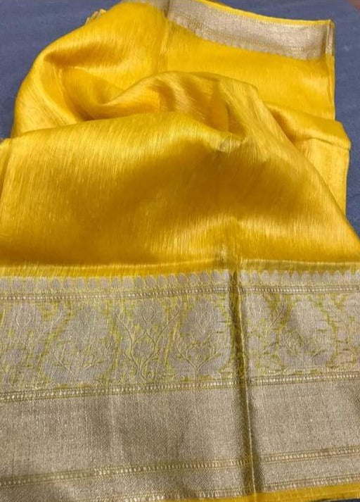 Pure Banarasi Linen Silk Border Saree with contrast Blouse ( length- 6.3 meter )