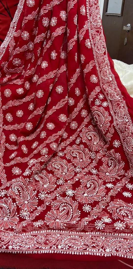Georgette Chikankari Keel jaal dense Work Saree.