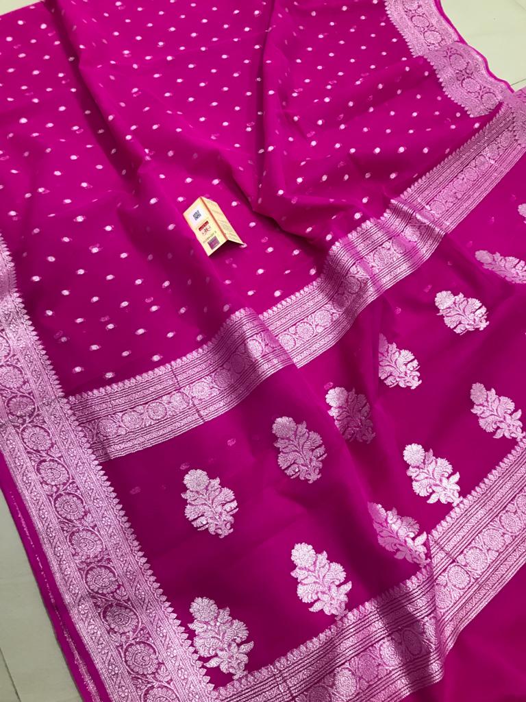 Pure Banarasi Handloom Khaddi Georgette Silk Saree with Zari Work ( length- 6.3 meter )