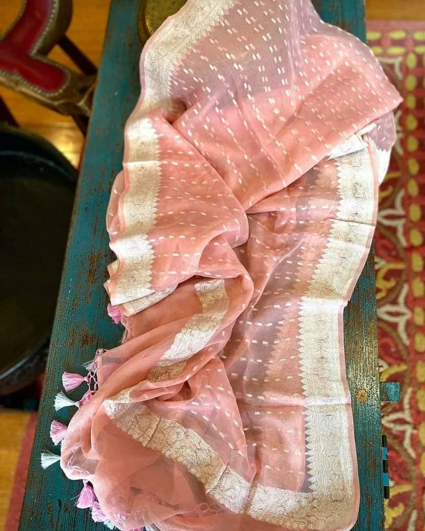 Pure Banarasi hand Loom khaddi Chiffon Dupatta.(Length 2.5 )