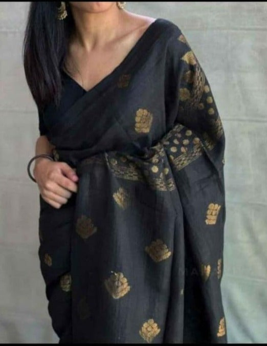 Pure Organic Linen Saree with All over Hand Woven Design. ( length- 6.3 meter )