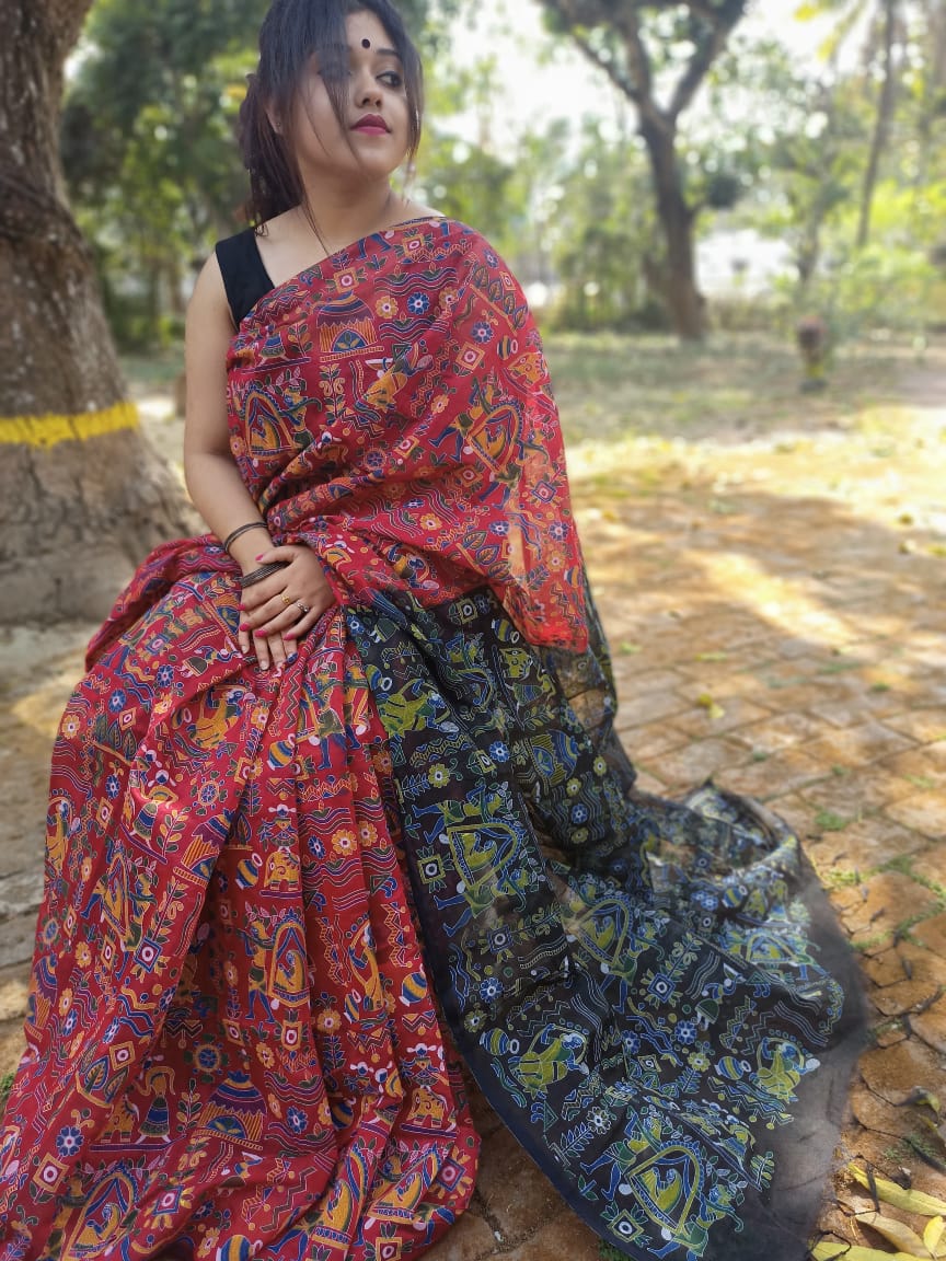 Pure Cotton Silk Madhubani Print saree . ( length- 6.3 meter )