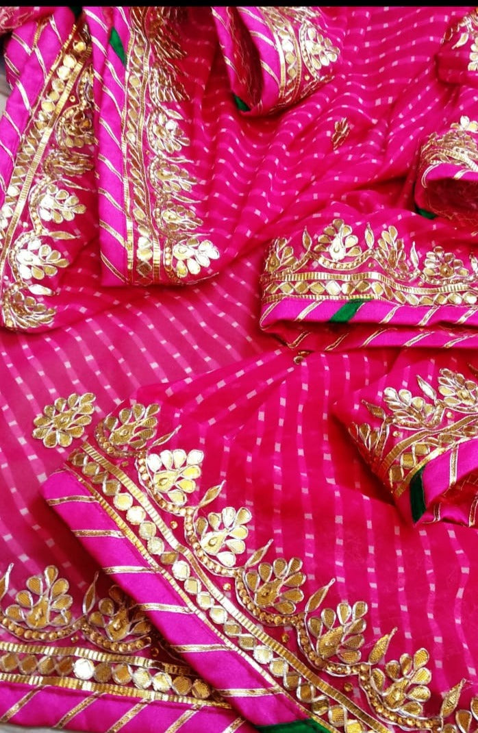 Pure georgette Leheriya  Saree with Hand Gota Work with Banglori Blouse