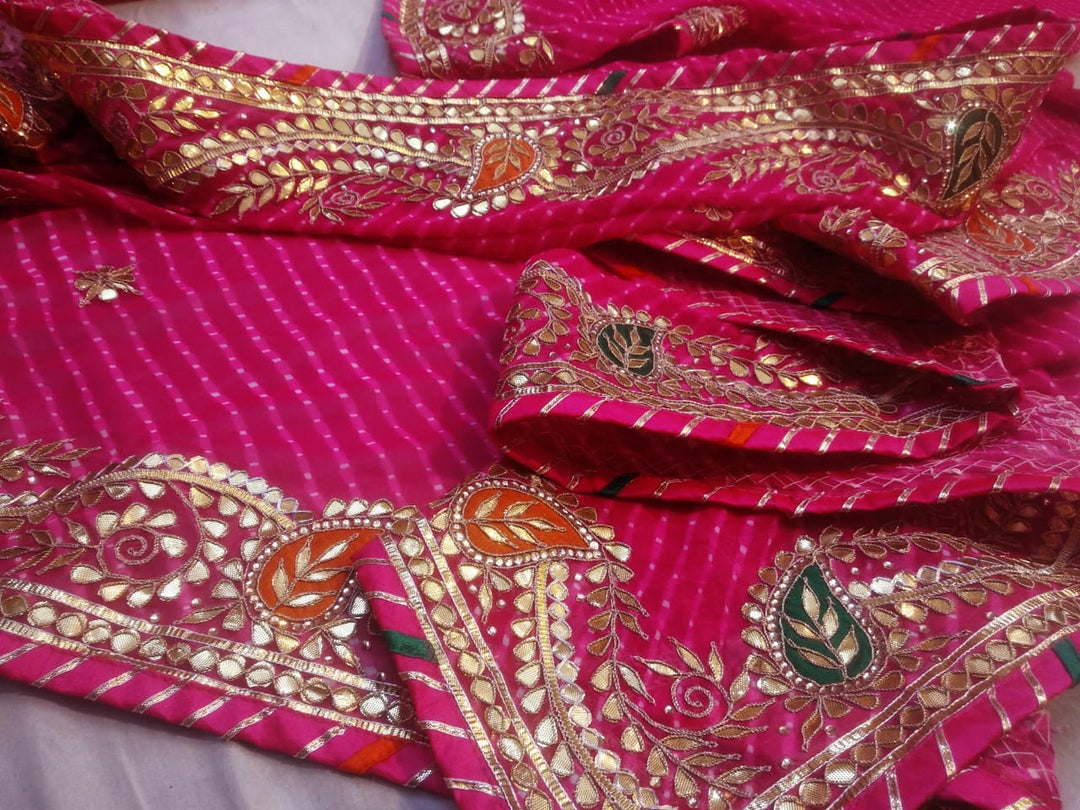 Pure Leheriya Saree Hand Gota Work with Banglori Blouse