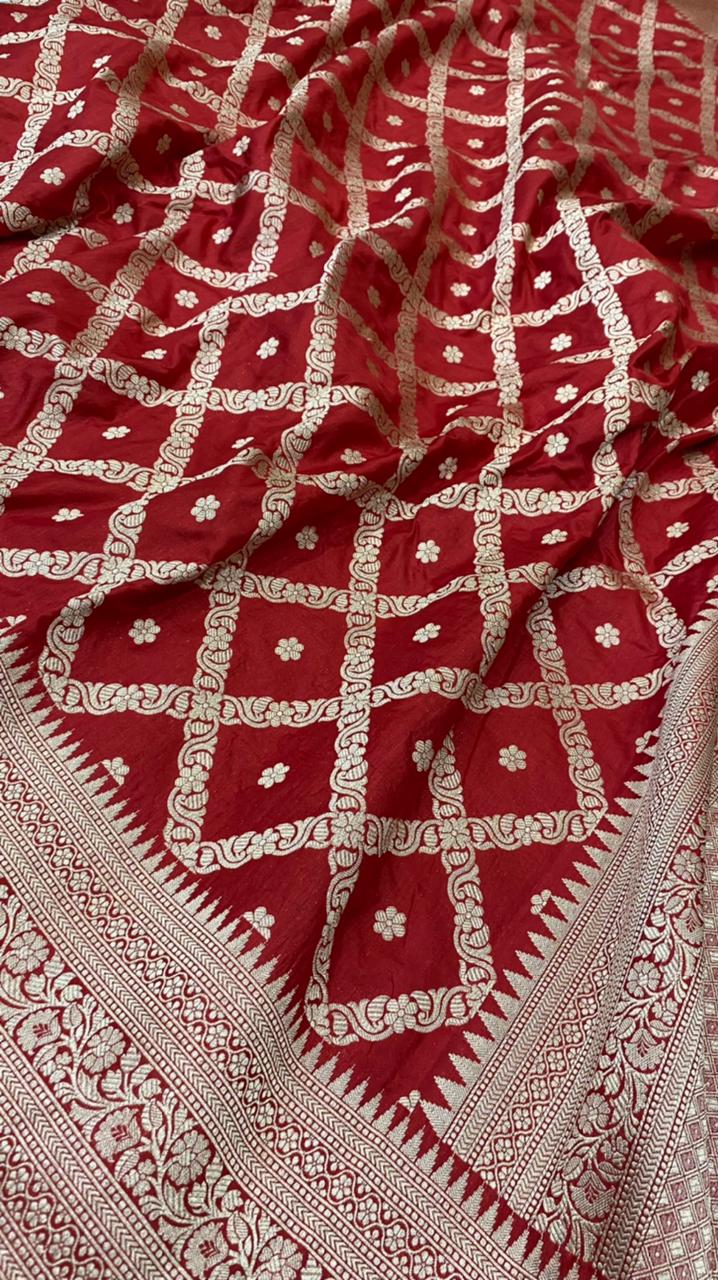 Red Color Pure Katan By Katan Kadhwa Weaved Silk Saree With Gold Zari Work