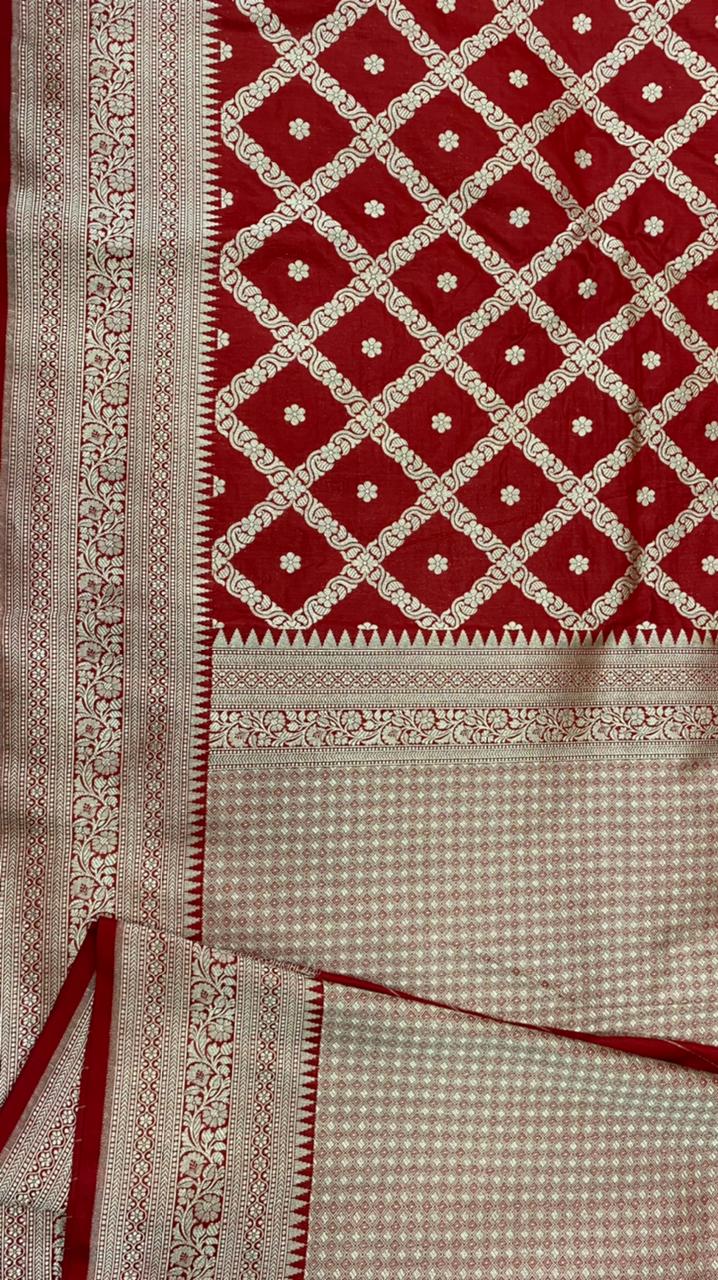 Red Color Pure Katan By Katan Kadhwa Weaved Silk Saree With Gold Zari Work